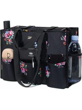 Women's Black Flower Polyester Utility Water Resistant Tote Bag with 13 Pockets